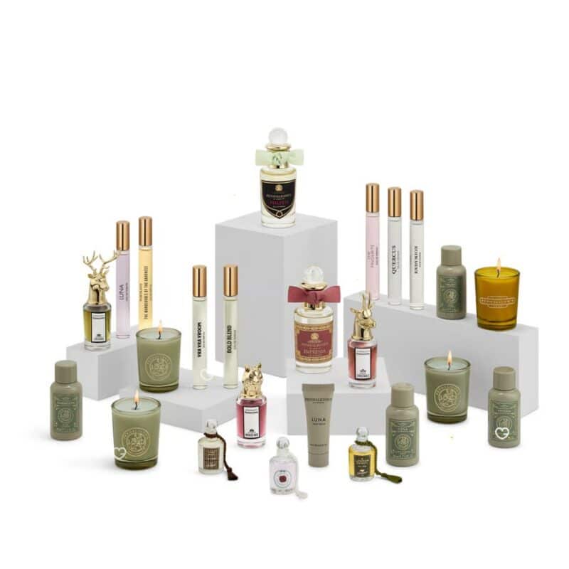 All 24 products of the Penhaligon's perfume advent calendar 2026 arranged on white podiums