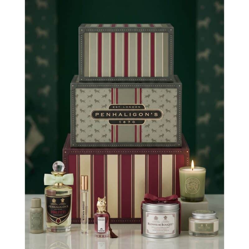 Penhaligon's Advent Calendar 2026 stacked travel-trunk box and selection on marble