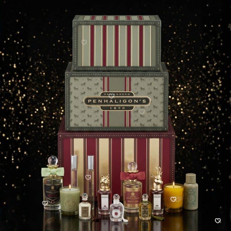 Penhaligon's Advent Calendar 2026 box and fragrances on a black and gold background