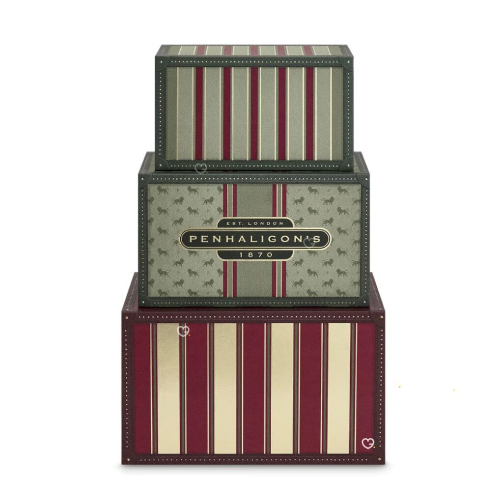 Penhaligon's Advent Calendar 2026, three stacked vintage travel trunks on a white background