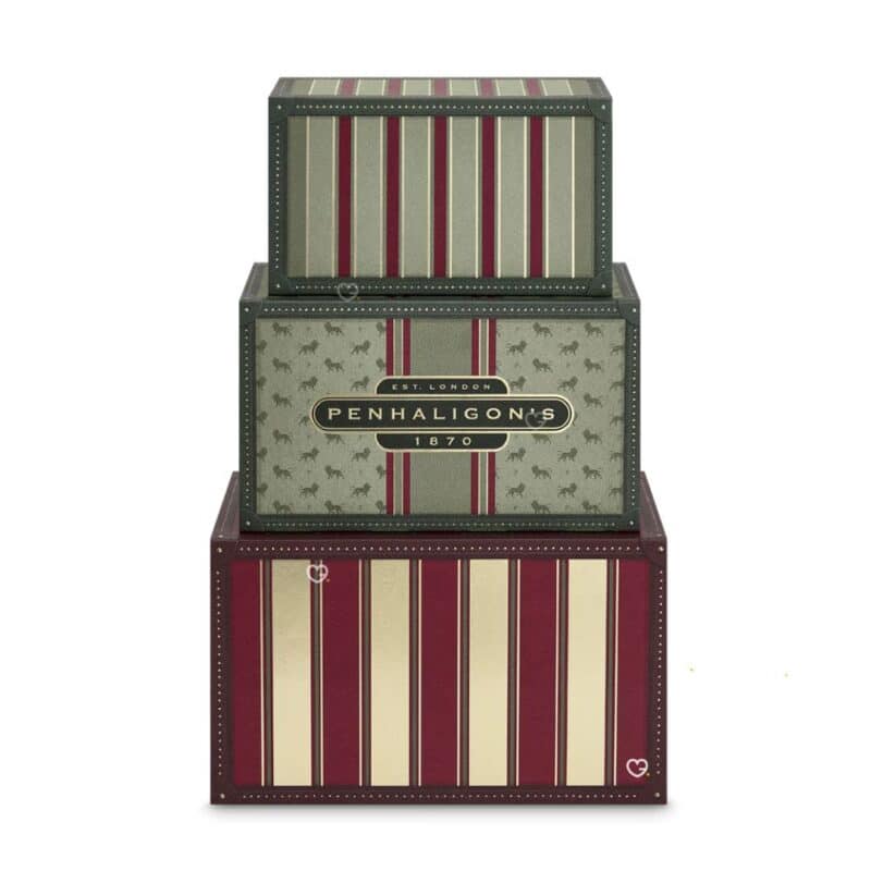 Penhaligon's Advent Calendar 2026, three stacked vintage travel trunks on a white background