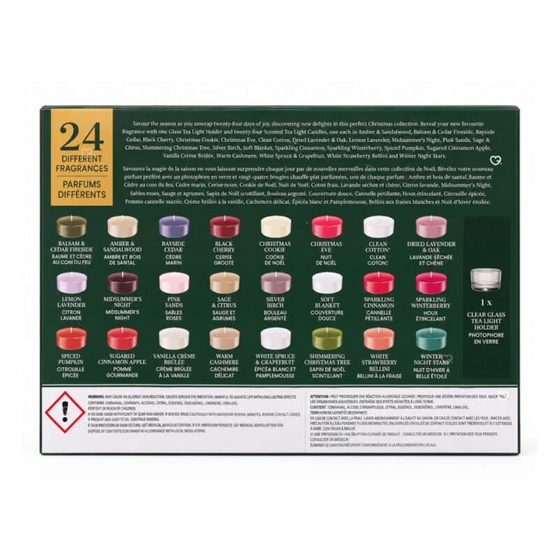 Yankee Candle Book Advent Calendar 2026 back of box listing the 24 different fragrances and the glass holder