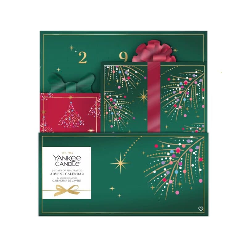 Yankee Candle Book Advent Calendar 2026 closed, green 24 Days of Fragrance book box with gold firework print and red bow