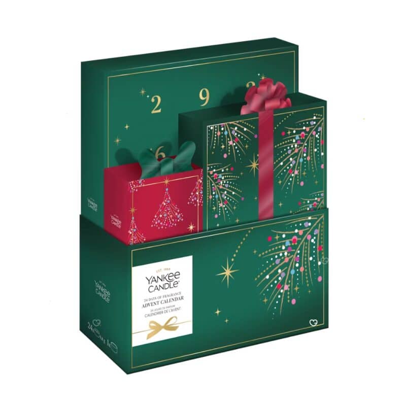 Yankee Candle Book Advent Calendar 2026 box side with the 24x 9.8g and 1x holder pictograms