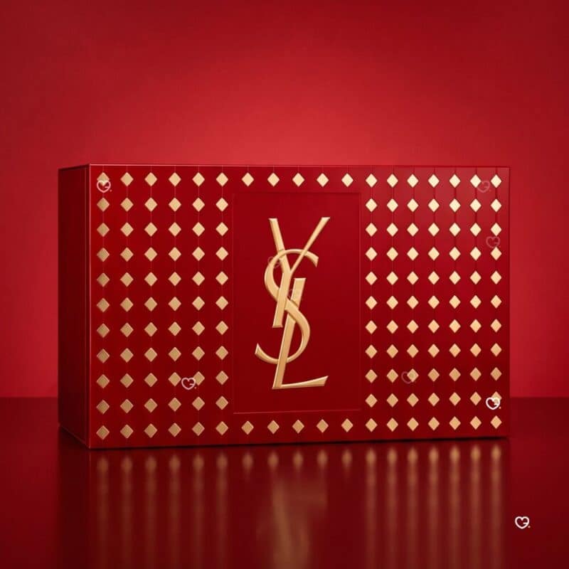 YSL luxury beauty advent calendar 2026 box on a red background