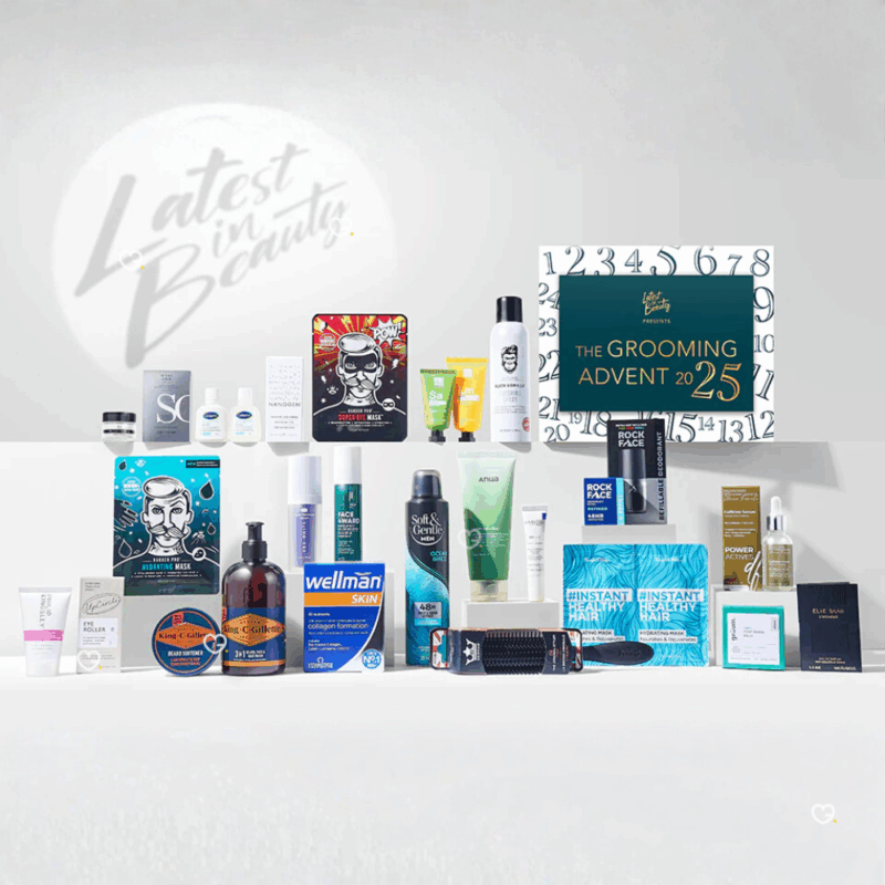 Latest in Beauty Grooming Advent Calendar 2025 featuring 25 men’s skincare, haircare and fragrance treats in a sleek festive box for style-conscious men.