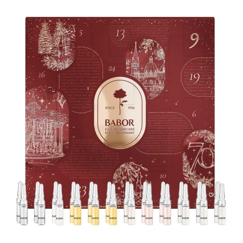 All 24 full-size 2ml ampoules of the Babor Advent Calendar 2026 lined up below the box