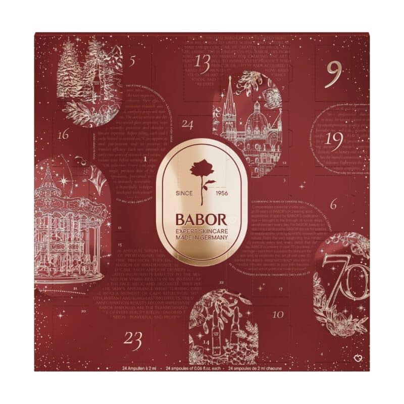 Babor Advent Calendar 2026 closed red 70th anniversary box with gold rose emblem