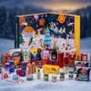 Degusta Box multi-brand advent calendar 2026 with full-size snacks and drinks laid out in front, illustrative image as the 2026 contents are not revealed