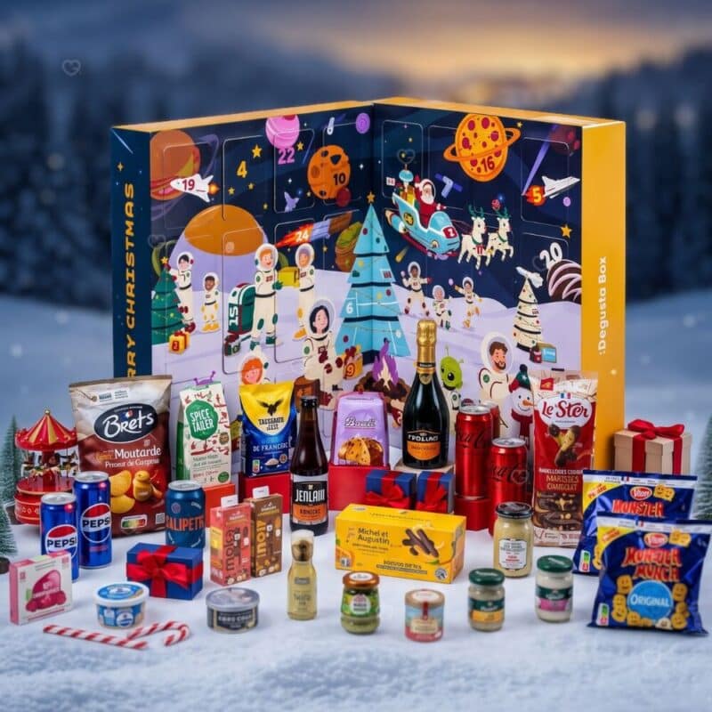 Degusta Box multi-brand advent calendar 2026 with full-size snacks and drinks laid out in front, illustrative image as the 2026 contents are not revealed
