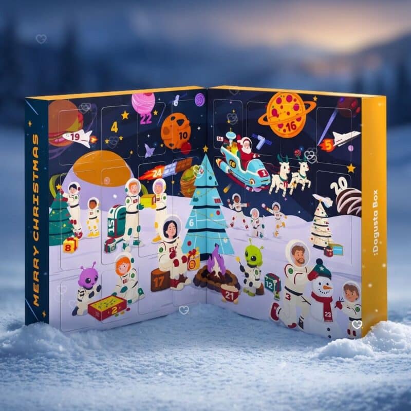 Degusta Box Advent Calendar 2026 open on real snow in a festive Cosmic Christmas setting
