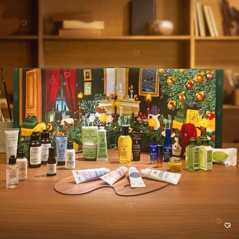 L'Occitane Advent Calendar 2026 with all 24 Provence skincare products laid out