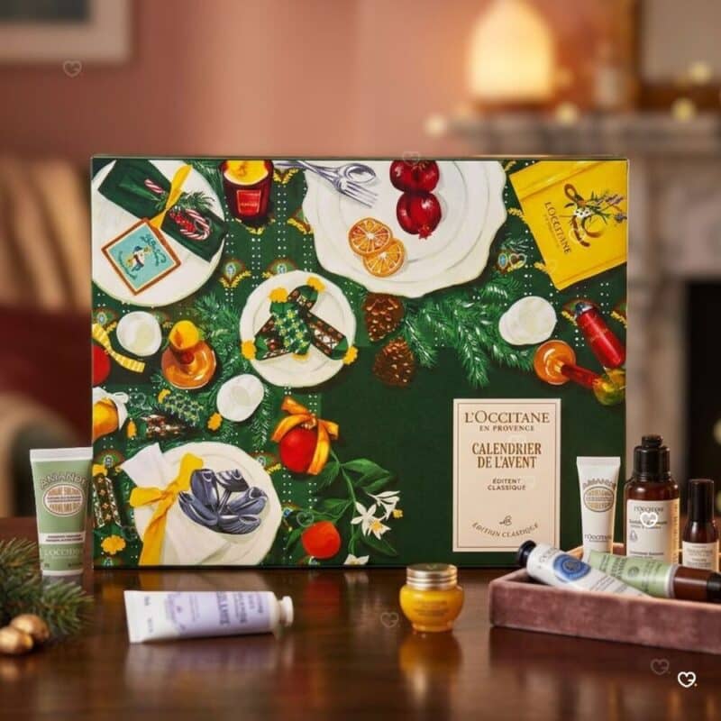 L'Occitane Classic Advent Calendar 2026 with body milks and hand creams on a wooden table