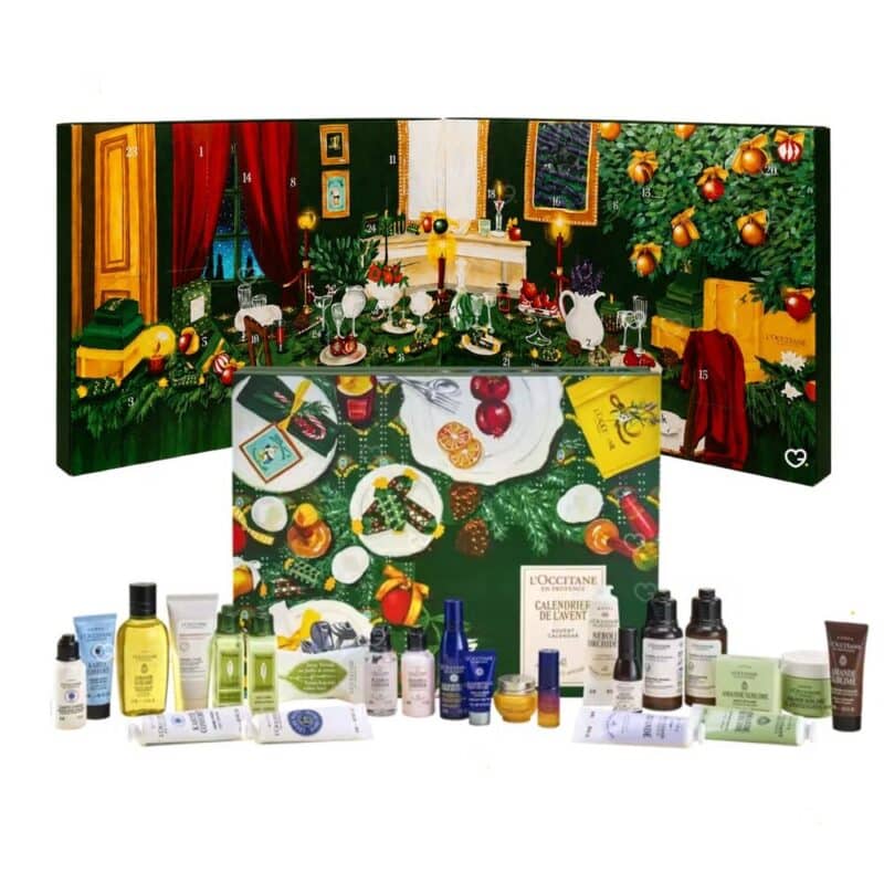 L'Occitane Advent Calendar 2026 interior illustration with the full skincare line-up
