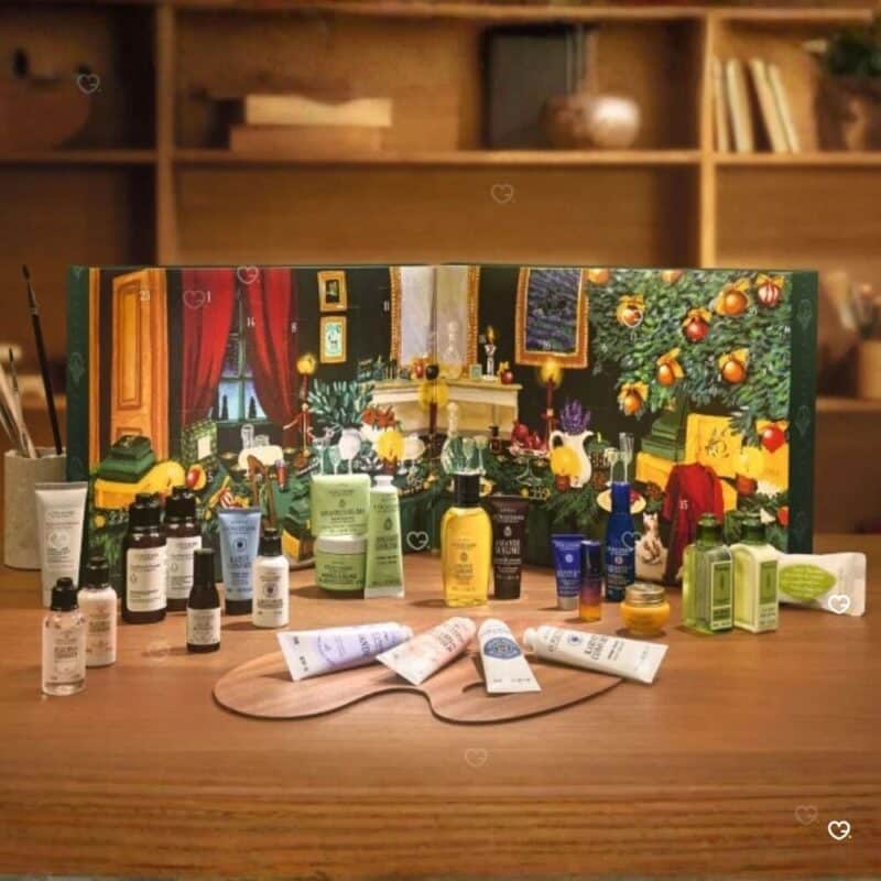 L'Occitane Advent Calendar 2026 open with the 24 Provence skincare products on display