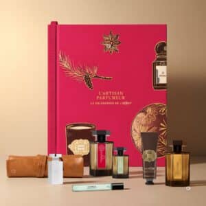 L'Artisan Parfumeur Advent Calendar 2026 case with fragrances, candle and leather accessories displayed