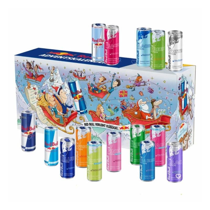 Red Bull Advent Calendar 2026 energy drink cans, one behind each of the 24 doors