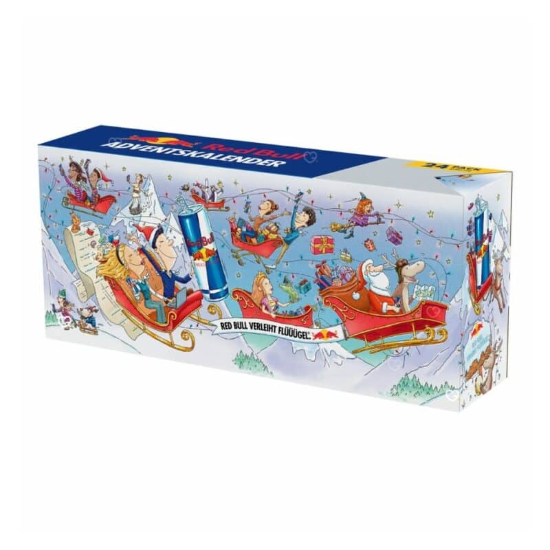 Red Bull Advent Calendar 2026 box closed, the festive 24-door energy drink advent calendar