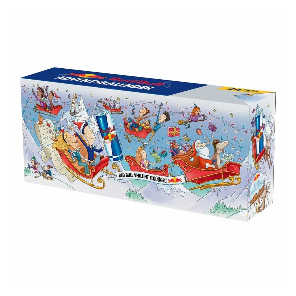 Red Bull Advent Calendar 2026 box closed, the festive 24-door energy drink advent calendar