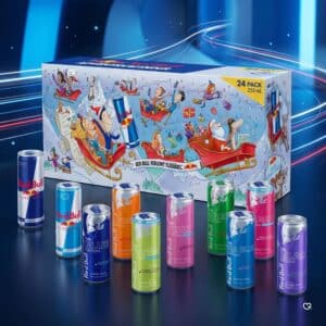 Red Bull Advent Calendar 2026 box with the 15 can variants including the new Glacier Edition