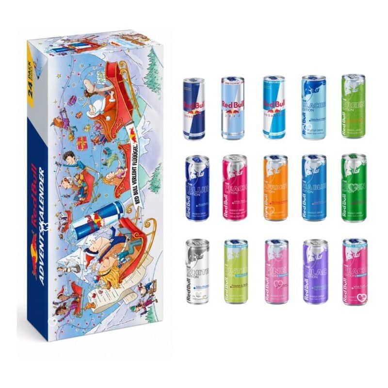 Red Bull Advent Calendar 2026 open showing the box and 15 full-size 250ml can variants