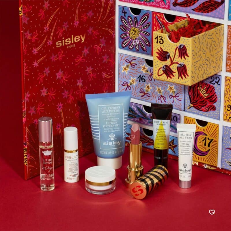 Close-up of Sisley Paris skincare and makeup minis from the 2026 advent calendar