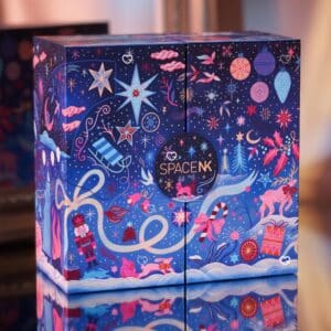 Space NK Beauty Advent Calendar 2026 illustrated blue box with nutcracker, reindeer and star artwork