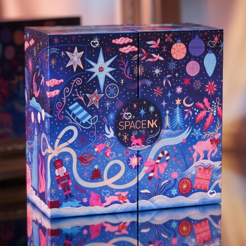 Space NK Beauty Advent Calendar 2026 illustrated blue box with nutcracker, reindeer and star artwork