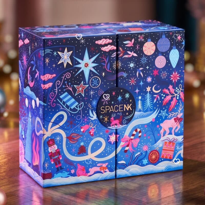 Space NK Advent Calendar 2026 double-door box styled on a wooden table with festive lights