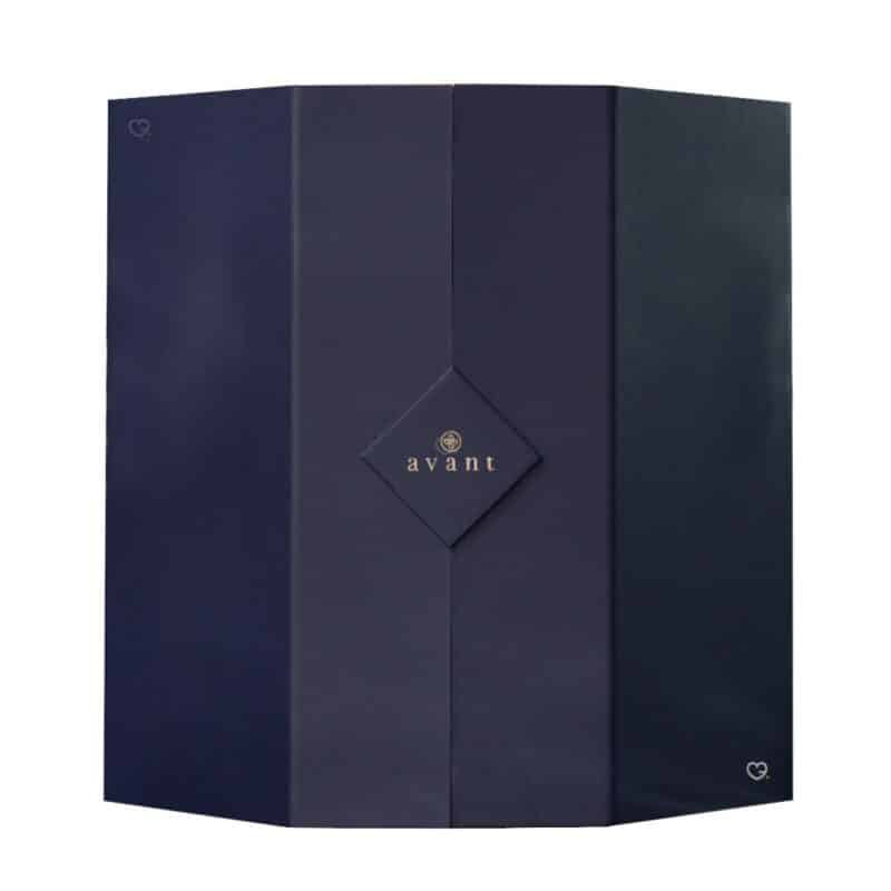 Avant Skincare Odyssey Advent Calendar 2026 closed, navy blue box with gold logo