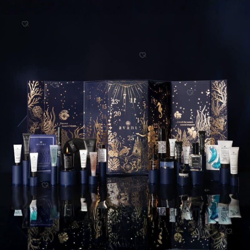 Avant Skincare Odyssey Advent Calendar 2026 open, showing 25 doors and the full skincare line-up