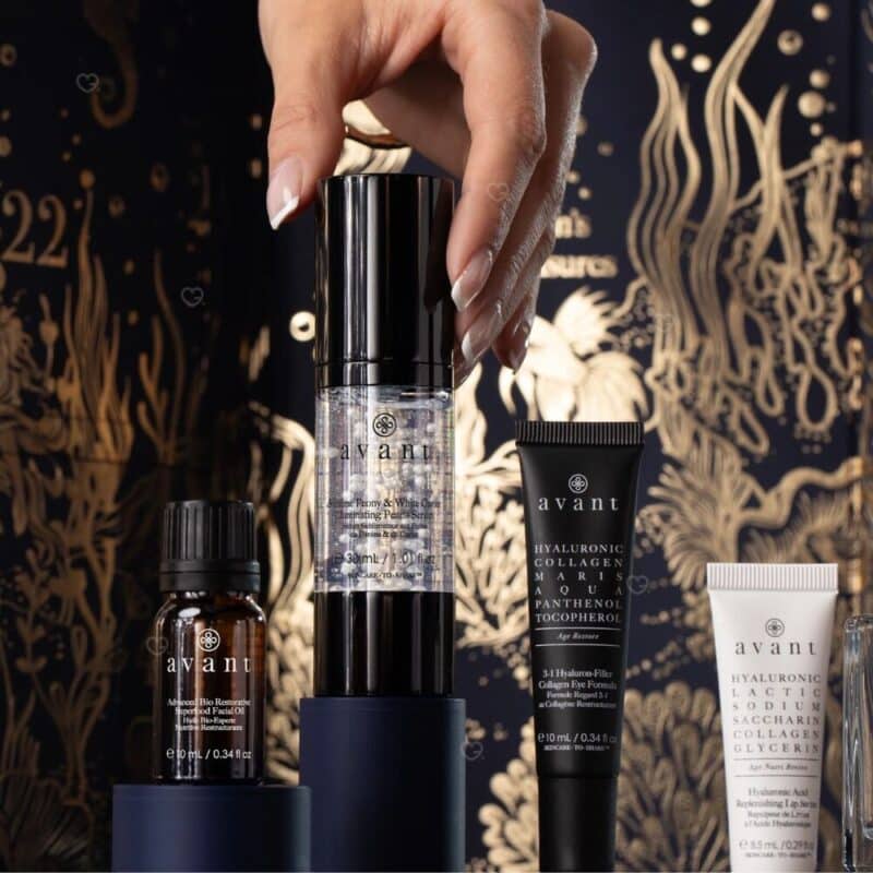 Avant Skincare Odyssey 2026 close-up of the Caviar Pearls serum and Superfood facial oil
