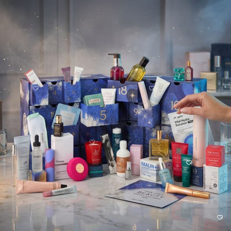 John Lewis skincare and makeup advent calendar 2026 open on a marble bathroom shelf