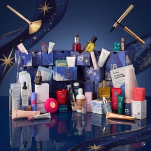 John Lewis luxury beauty advent calendar 2026, navy hand-painted box styled on a blue background