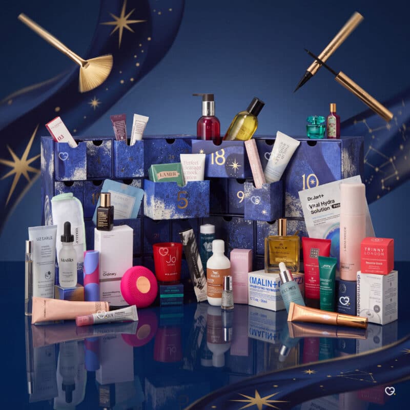 John Lewis luxury beauty advent calendar 2026, navy hand-painted box styled on a blue background