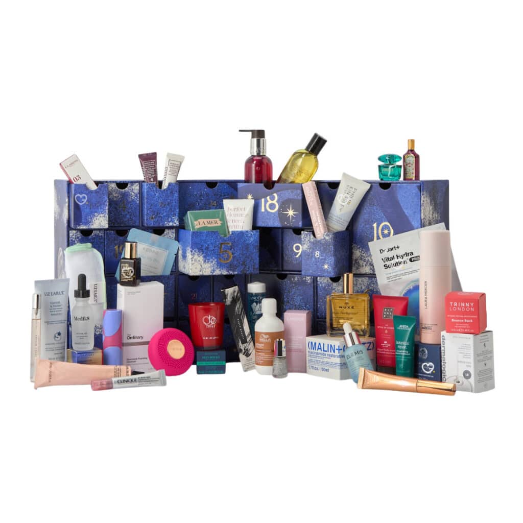 John Lewis Beauty Advent Calendar 2026 open with all 41 beauty products on display
