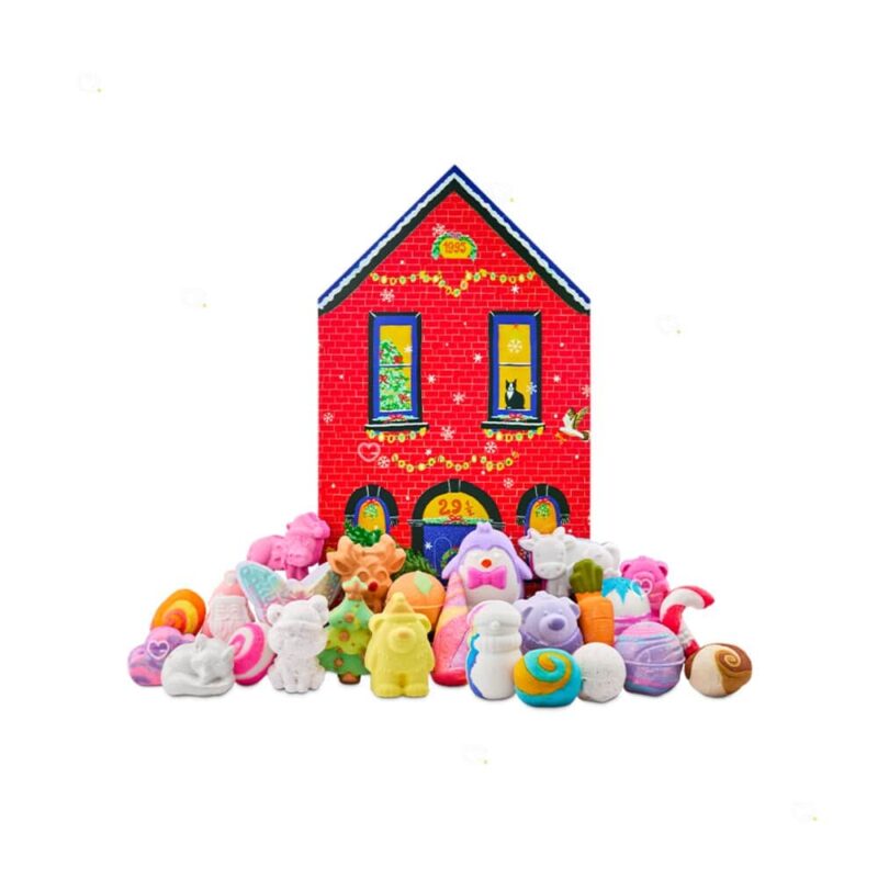 all 25 Lush 29½ High Street bath treats displayed in front of the red house box