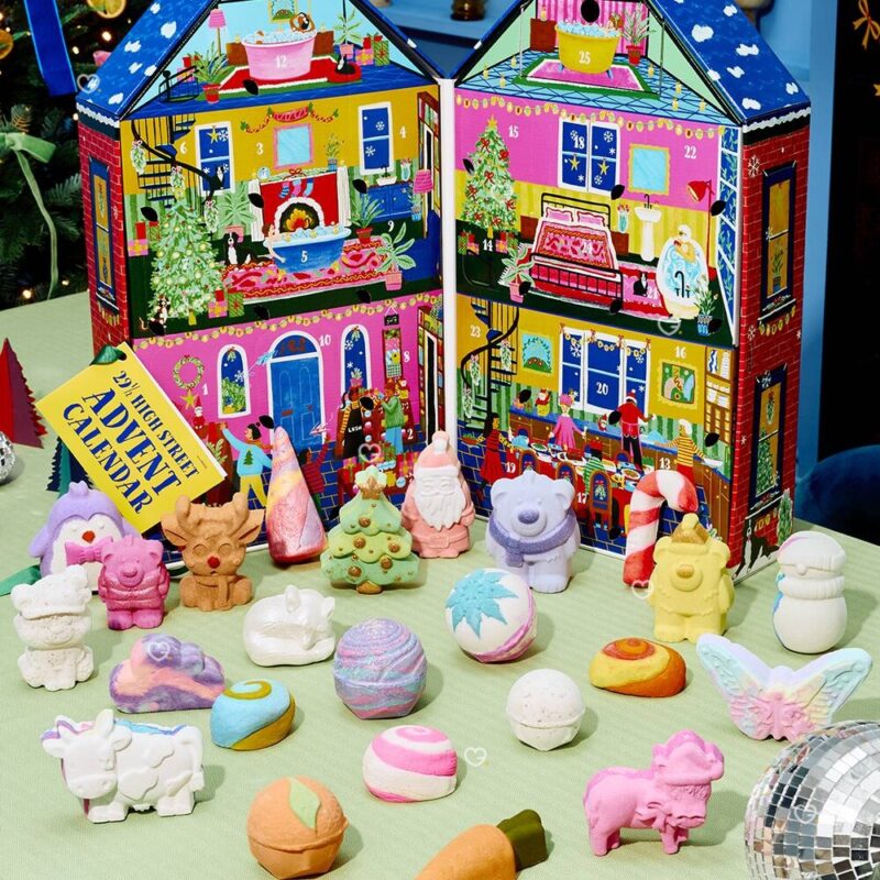 open Lush 29½ High Street vegan advent calendar with all 25 bath bombs and bubble bars laid out