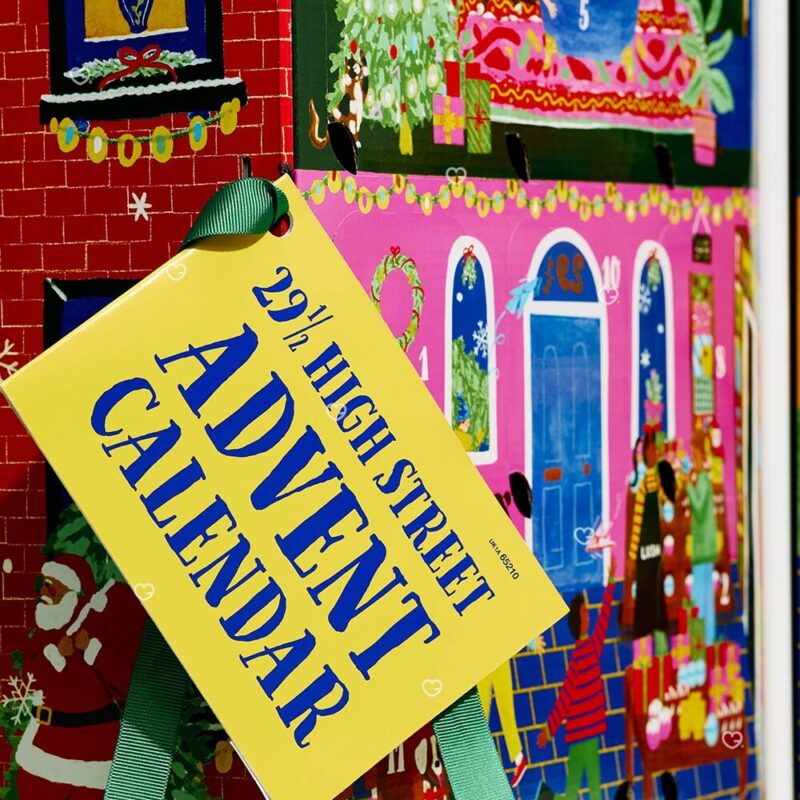 close-up of the yellow 29½ High Street Advent Calendar tag on the Lush house box