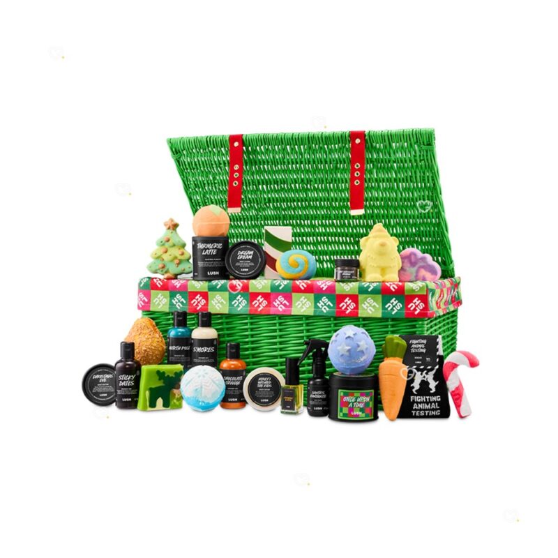 Full contents of the Lush advent calendar 2026, bath bombs shower gels soaps and body care