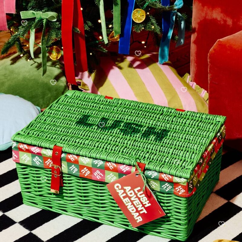 Closed Lush advent calendar wicker hamper under the Christmas tree