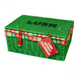 Lush Advent Calendar 2026 closed green wicker hamper with red Lush tag