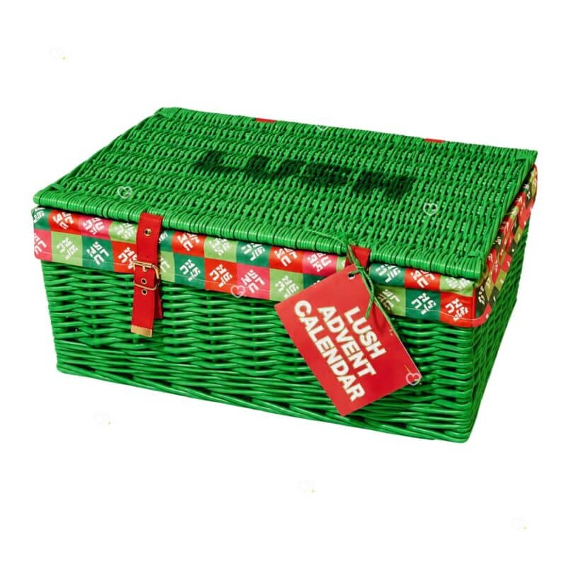 Lush Advent Calendar 2026 closed green wicker hamper with red Lush tag