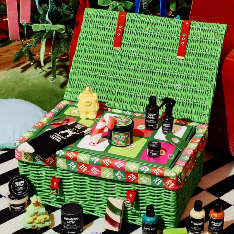 Open Lush advent calendar 2026 hamper with all 25 vegan bath and body products