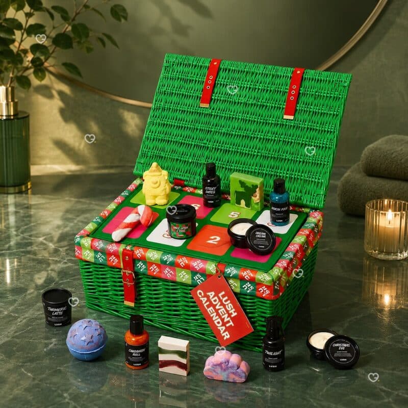 Lush cosmetics advent calendar open showing the numbered tray and festive products