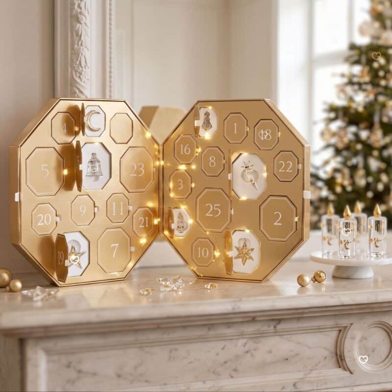 Swarovski Advent Calendar 2026 crystal advent calendar styled beside a lit Christmas tree, opened with crystal candles, the Kris Bear and ornaments displayed in front
