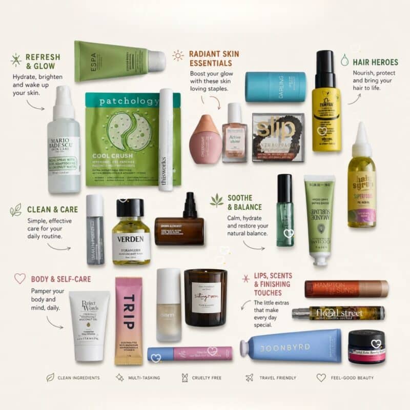 Full contents infographic of the Anthropologie beauty advent calendar 2026 listing all 25 products by category