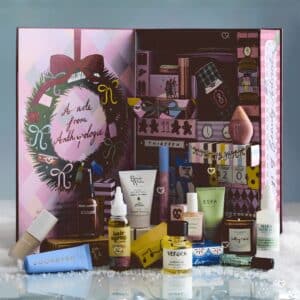 Anthropologie 24 Days of Beauty Advent Calendar 2026 opened, showing the illustrated box and its full-size beauty products
