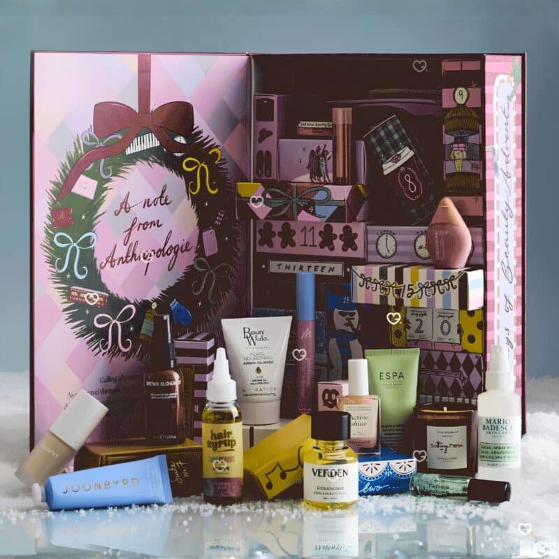Anthropologie 24 Days of Beauty Advent Calendar 2026 opened, showing the illustrated box and its full-size beauty products