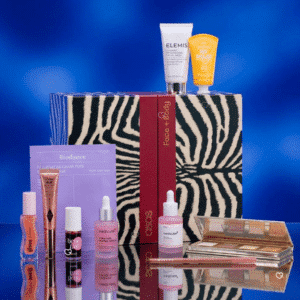ASOS Advent Calendar 2026 zebra box surrounded by skincare and makeup products including Charlotte Tilbury and Elemis